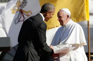 President Barack Obama shakes hands with Pope Francis after this welcoming speech during the state arrival ceremony on the South Lawn of the White House in Washington, Wednesday, Sept. 23, 2015. (AP Photo/Pablo Martinez Monsivais)